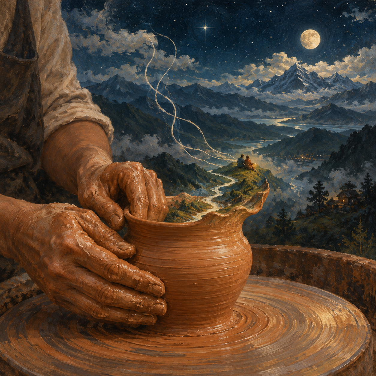 A potter shaping a clay vessel that opens into a moonlit mountain landscape